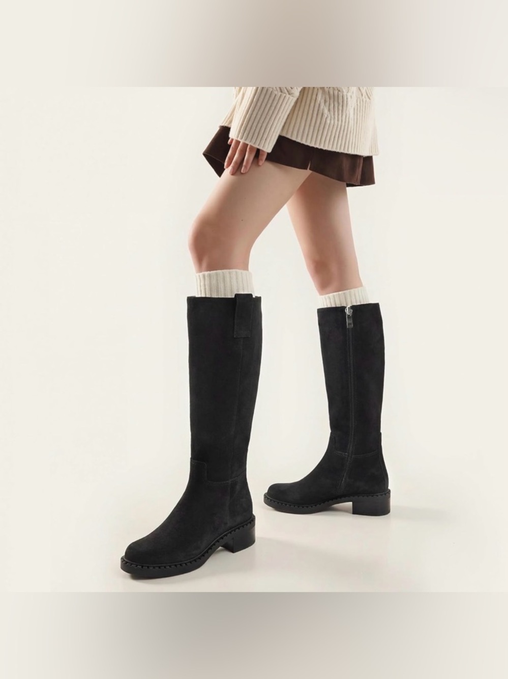 KaroNairy Knee High Faux Leather Long Boot Low Chunky Heel Toe Side Zipper Boot